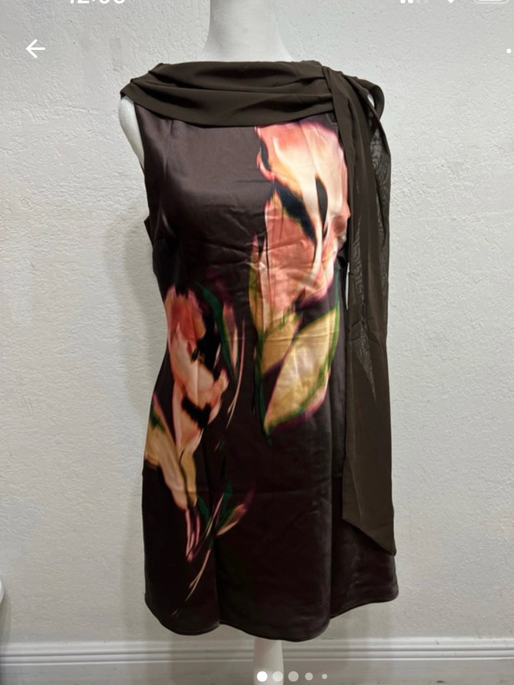 Steve Madden Brown Floral Scarf Dress with Pink & Green Accents